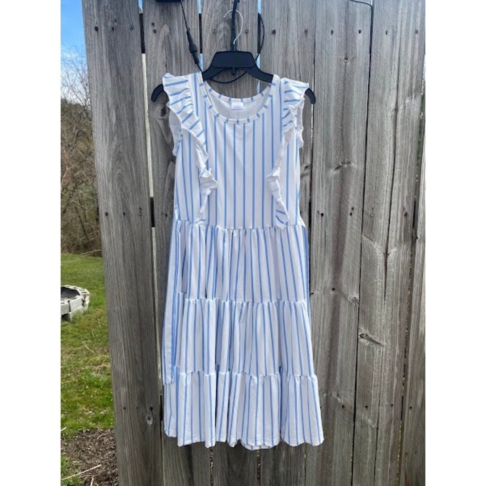 Womens Blue White Striped Ruffle Tiered Midi Dress Sleeveless Summer Sun Dress S